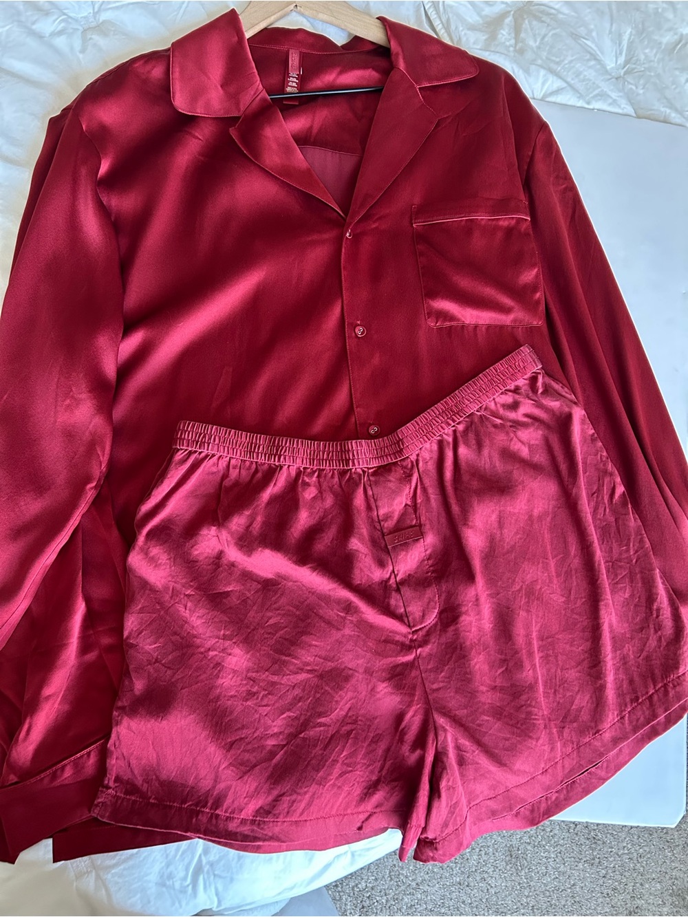 SKIMS Women's Red 93% Silk Oversized style Short and long shirt Pajama Set